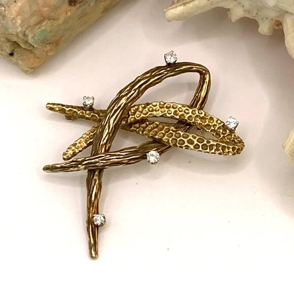 Dan Frere 14K Gold & Diamonds Textured Freeform Modernist Brooch Rare Find! J847 - Picture 4 of 8